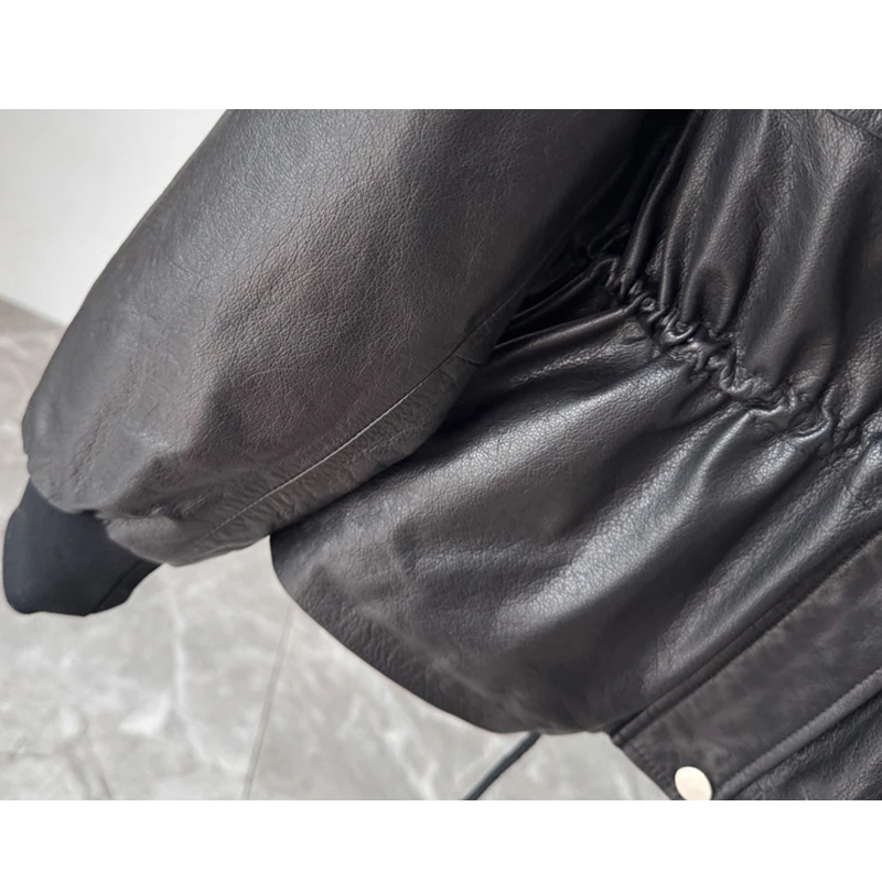 2025 겨울 여성용 리얼 레더 다운 재킷 코트, 패션 숏 양털 칼라 슬림 웨이스트 왁스드 소가죽 따뜻한 재킷 탑