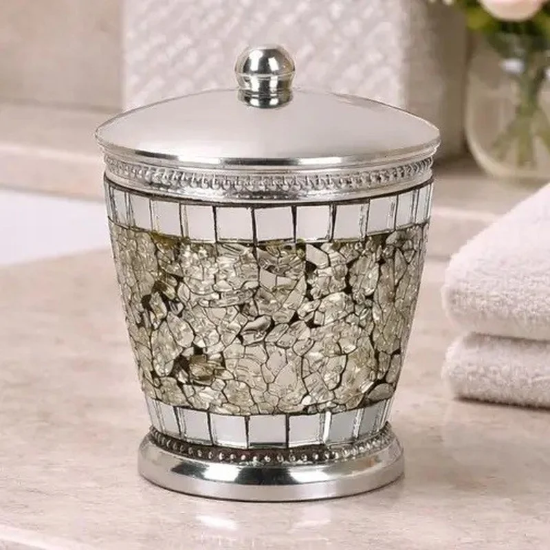 

Stylish Cotton Swab & Bath Essentials Canister, Ice Mosaic Finish, Decorative Storage for Bathroom or Bedroom