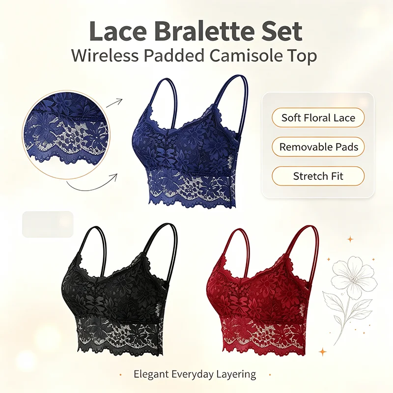 Sexy Floral Lace Suspender Bralette For Women Hollow‑out Wireless Lingerie Top Removable Pad Solid Color Seamless Underwear Vest