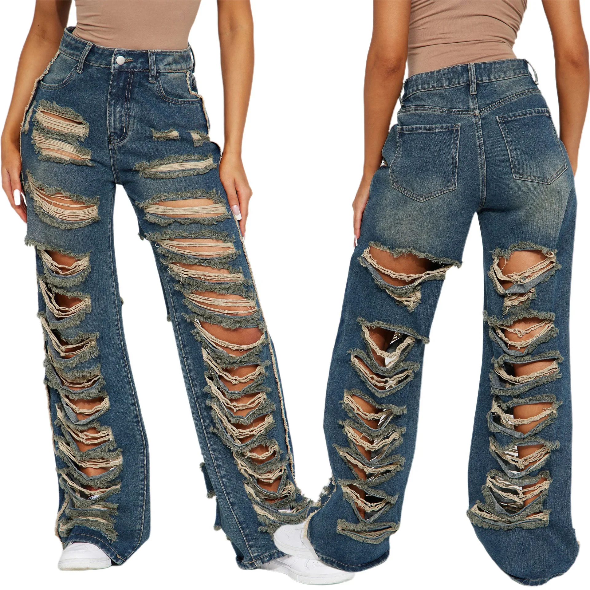 

Women Streetwear Ripped Out Hollow Out Straight Denim Flare Pants 2024 INS Fashion Casual Wide Leg Jeans Trousers