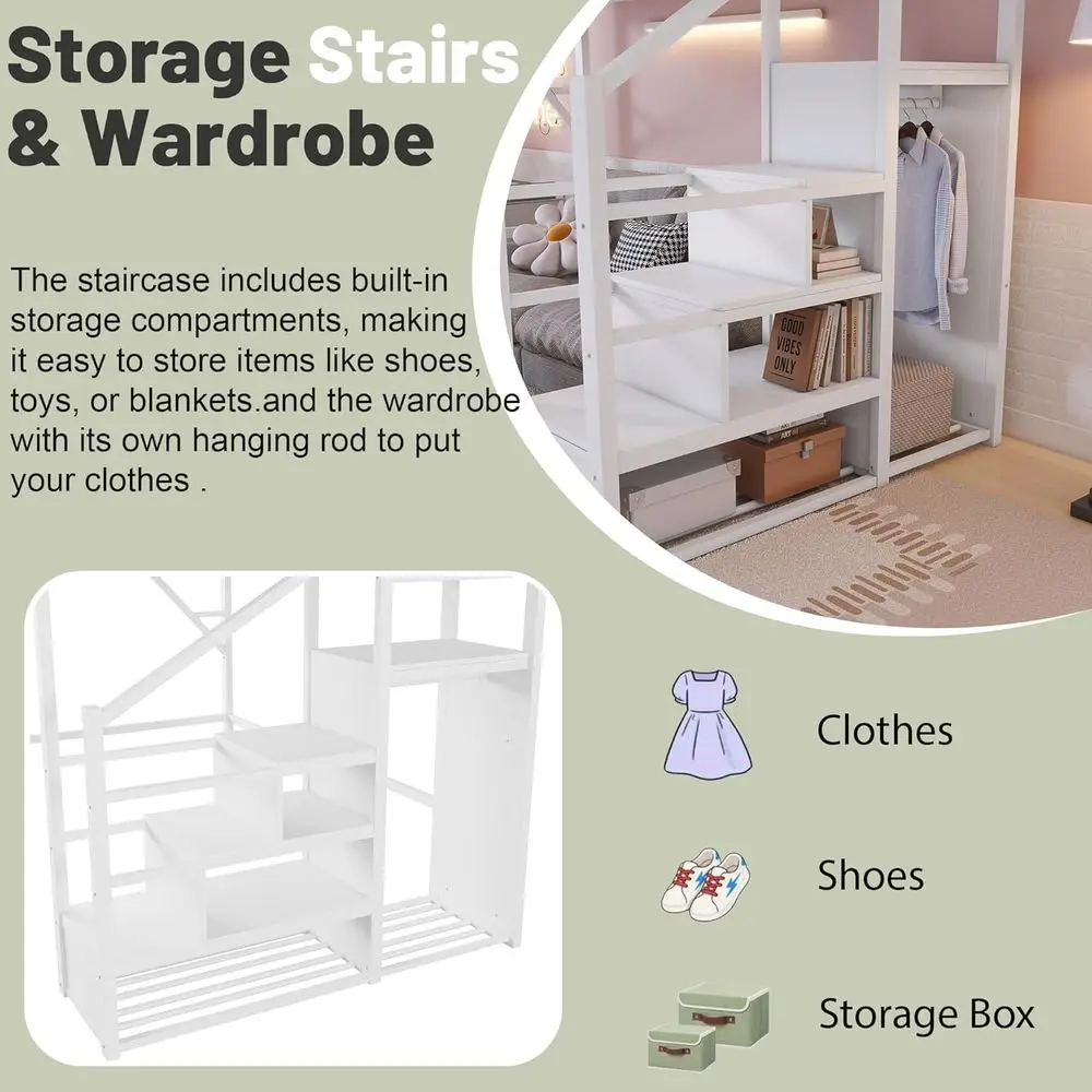 Cama com escadas, camas de metal em tamanho real com prateleiras de armazenamento, cama para adultos com guarda-roupa, alta resistente