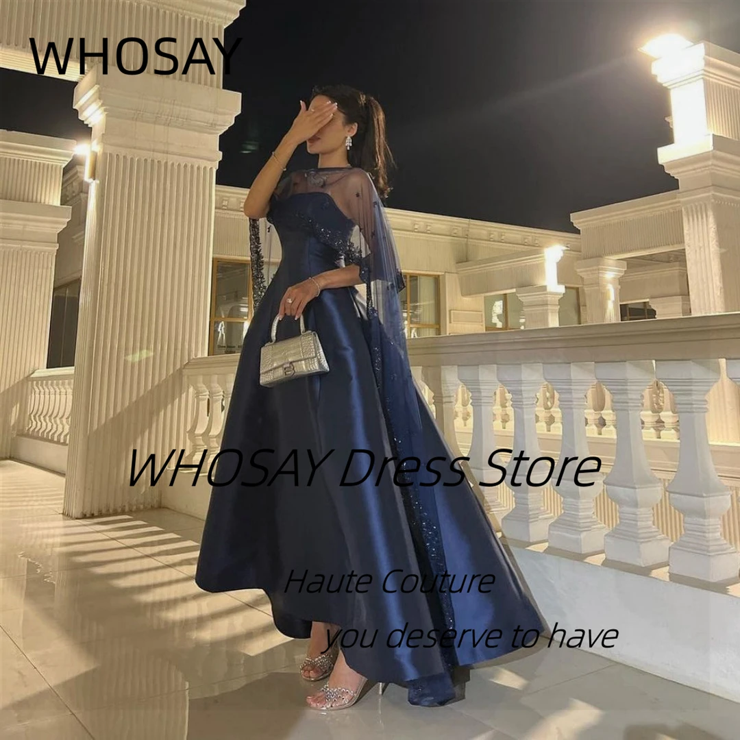 WHOSAY-vestido de satén de una línea para mujer saudita, traje de fiesta de noche sin tirantes con chales, bata de matrimonio