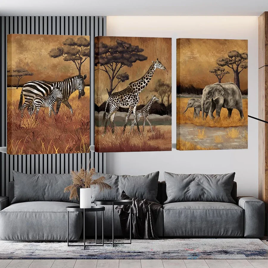 Mom and Baby Zebra, Giraffe, and Elephant diamond Painting cross stitch African Animal Art 3D embroidery mosaic triptych decor