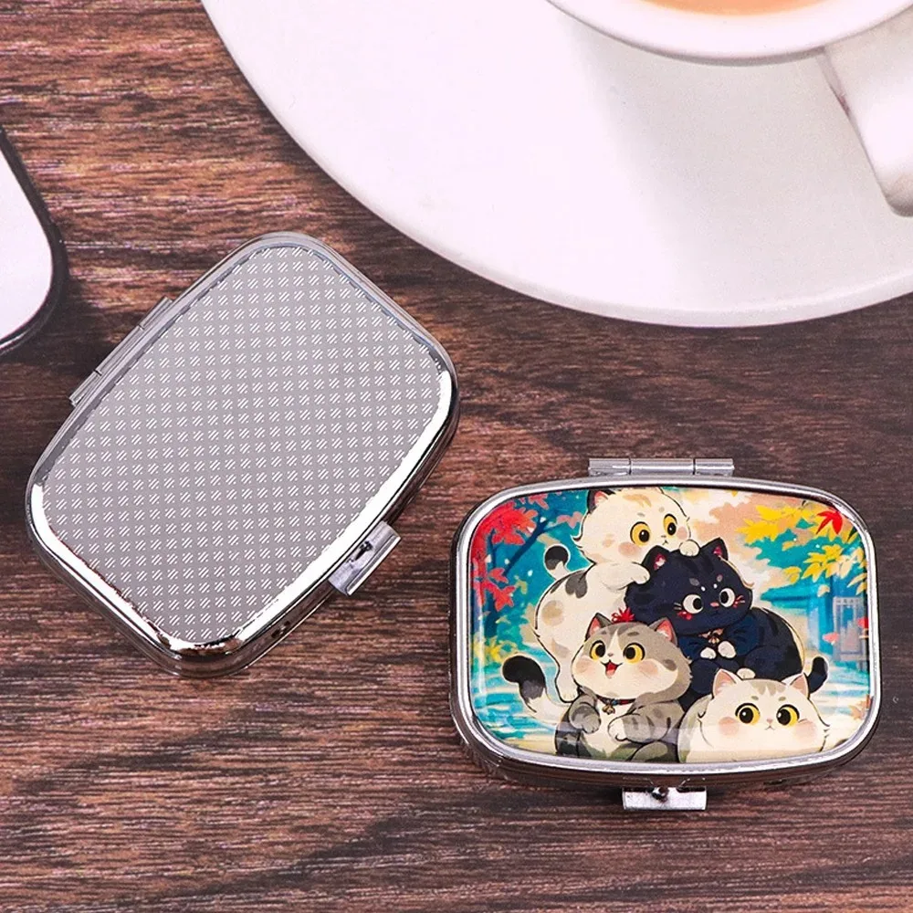 Cute Cartoon Cat Metal Pill Box Divided 7-Day Weekly Organizer, Portable Travel Square Medicine Splitter Case for Daily Use
