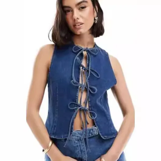Faion Casual Strap Denim Weste Damen Baumwollmischung Jaet f Open Collar Tie-Detail Jeans Weste für die Herbstsaison