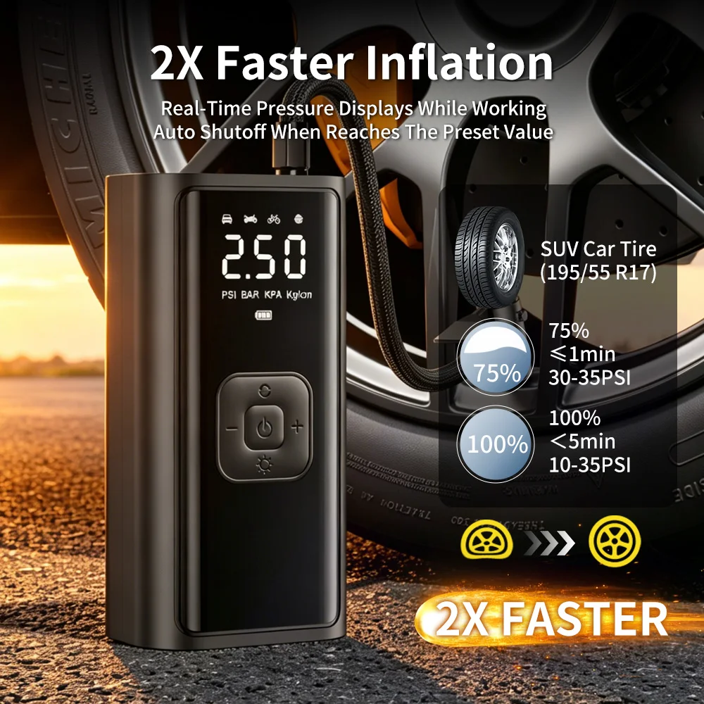 YIJU Car Inflator Air Compressor Pump With LED Lamp For Car Motorcycle Bicycle Balls Cordless Air Tire Pump USB Rechargeable
