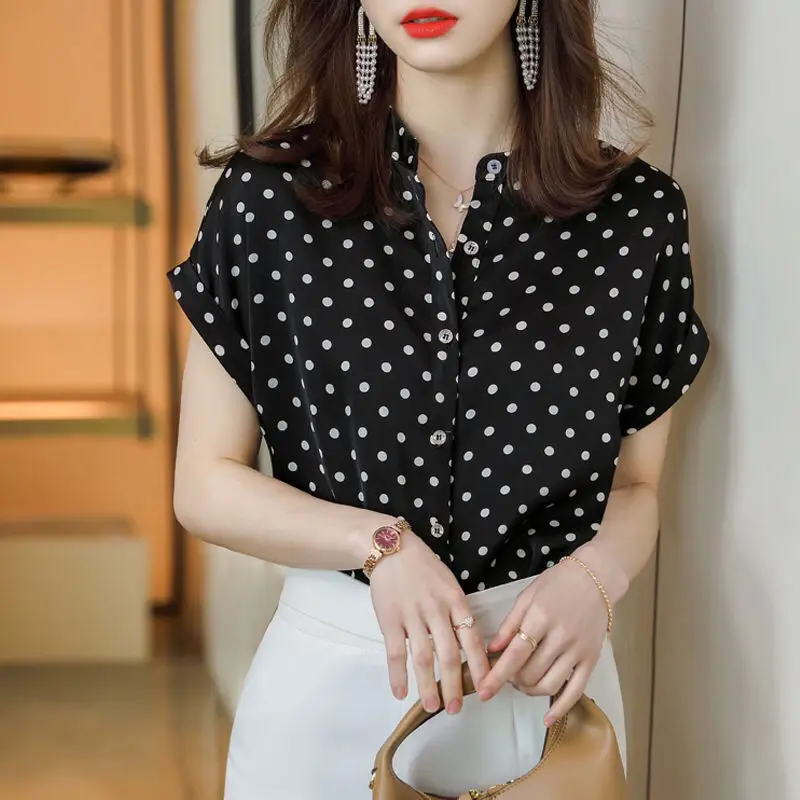 Polka Dot Chiffon Fashion Blouse Summer New Short Sleeve Button Loose All-match Shirt Tops Office Lady Elegant Women Clothing