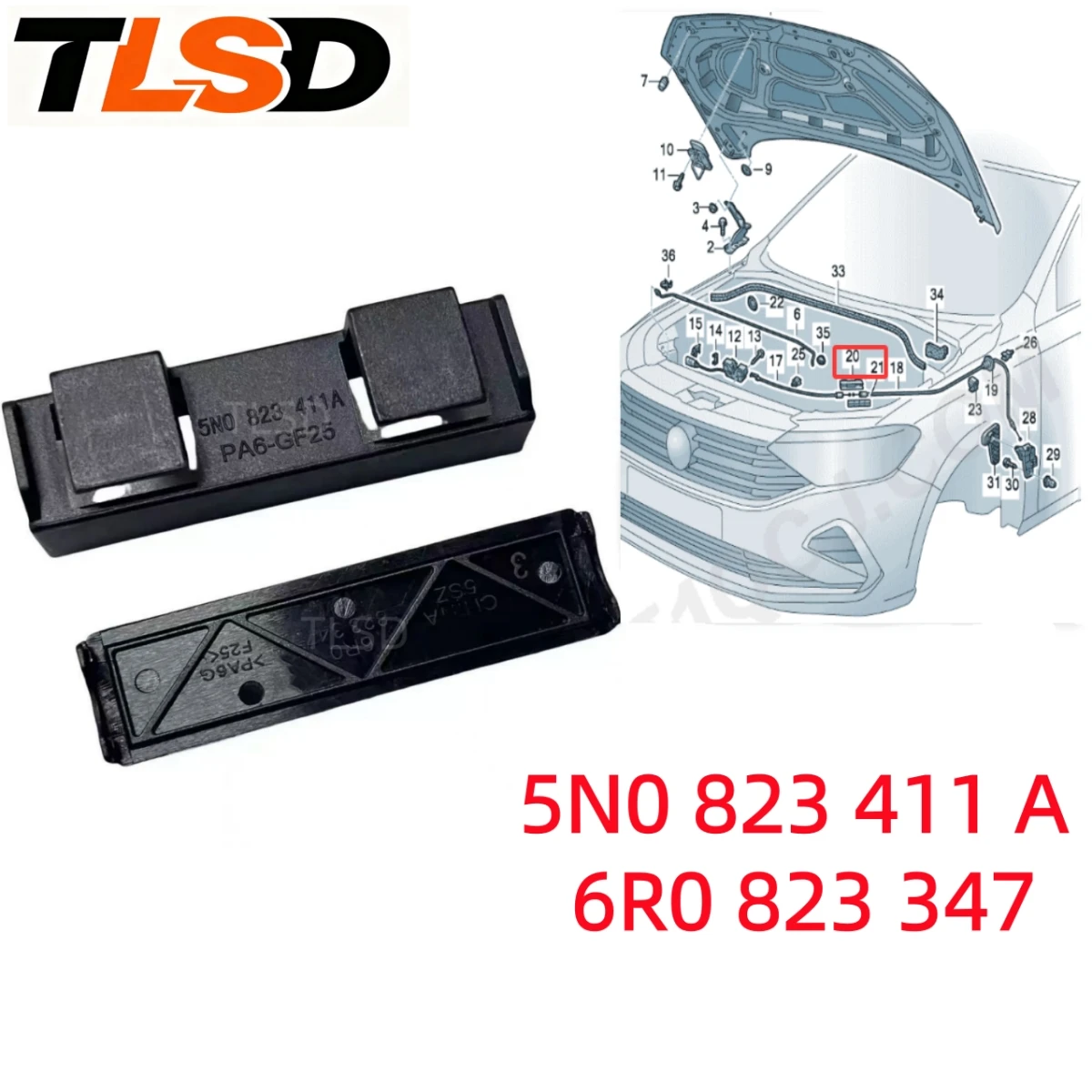 Engine Hood Steel Cable Groove.5N0823411A 6R0823347. Applicable To: Ameo.Leon.Sharan.Sagitar.Jetta.Touran.Scirocco.Caddy.Polo.Caddy.Golf/R32/Gti.Octavia.Alhambra