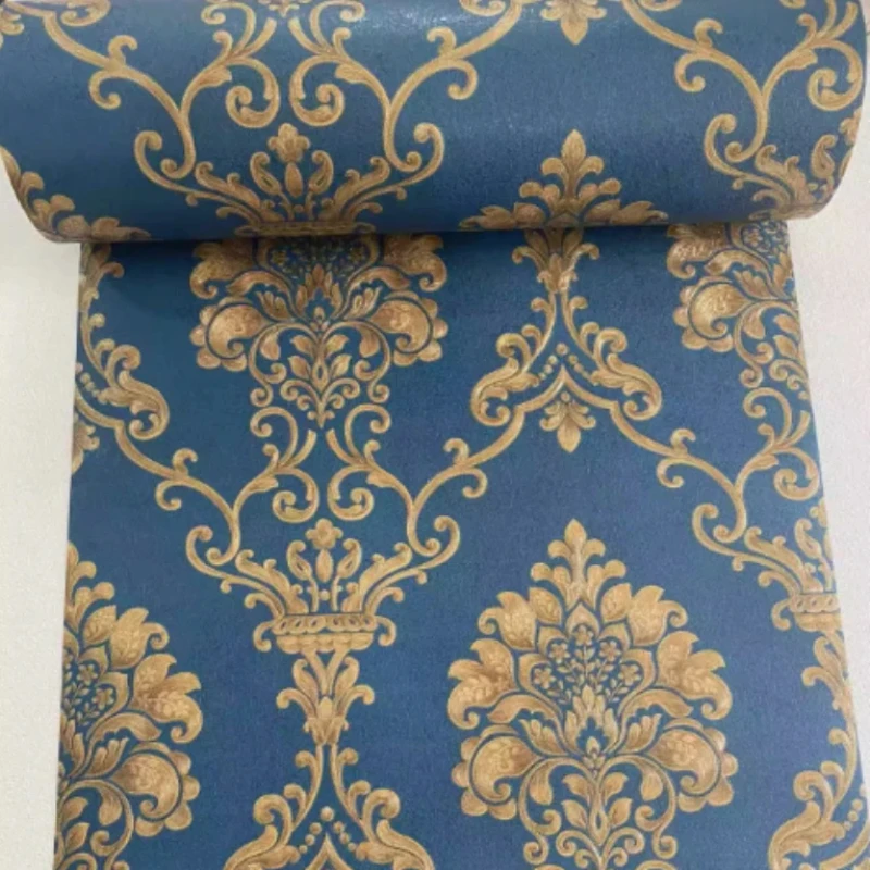 Rollo de papel tapiz Damasco de lujo de estilo europeo, papel tapiz de decoración de pared engrosado no tejido en relieve 3D para sala de estar y