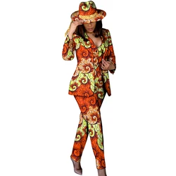 Abiti africani per donna Pantaloni e blazer con stampa africana con cappello Abiti da ufficio Set Abbigliamento donna africano WY10016