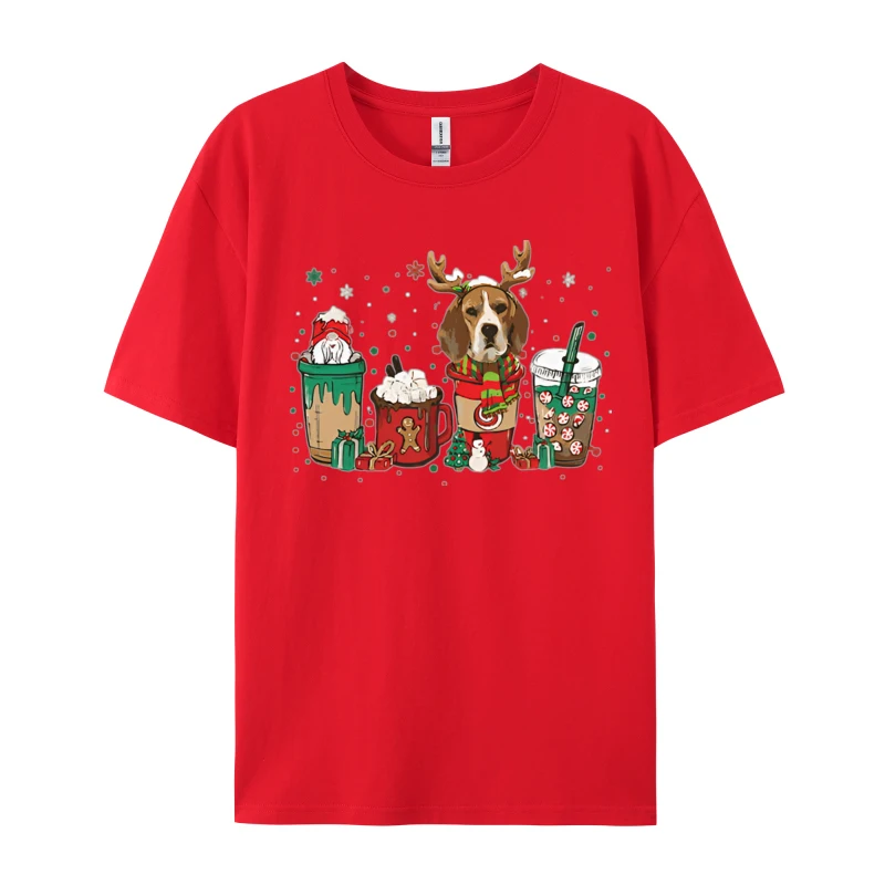 Cute Beagle Dog Christmas Coffee Pajama T-shirt Funny Sip Coffee T-Shirt Prevailing Men's Tees Normal Top T-shirts Cotton