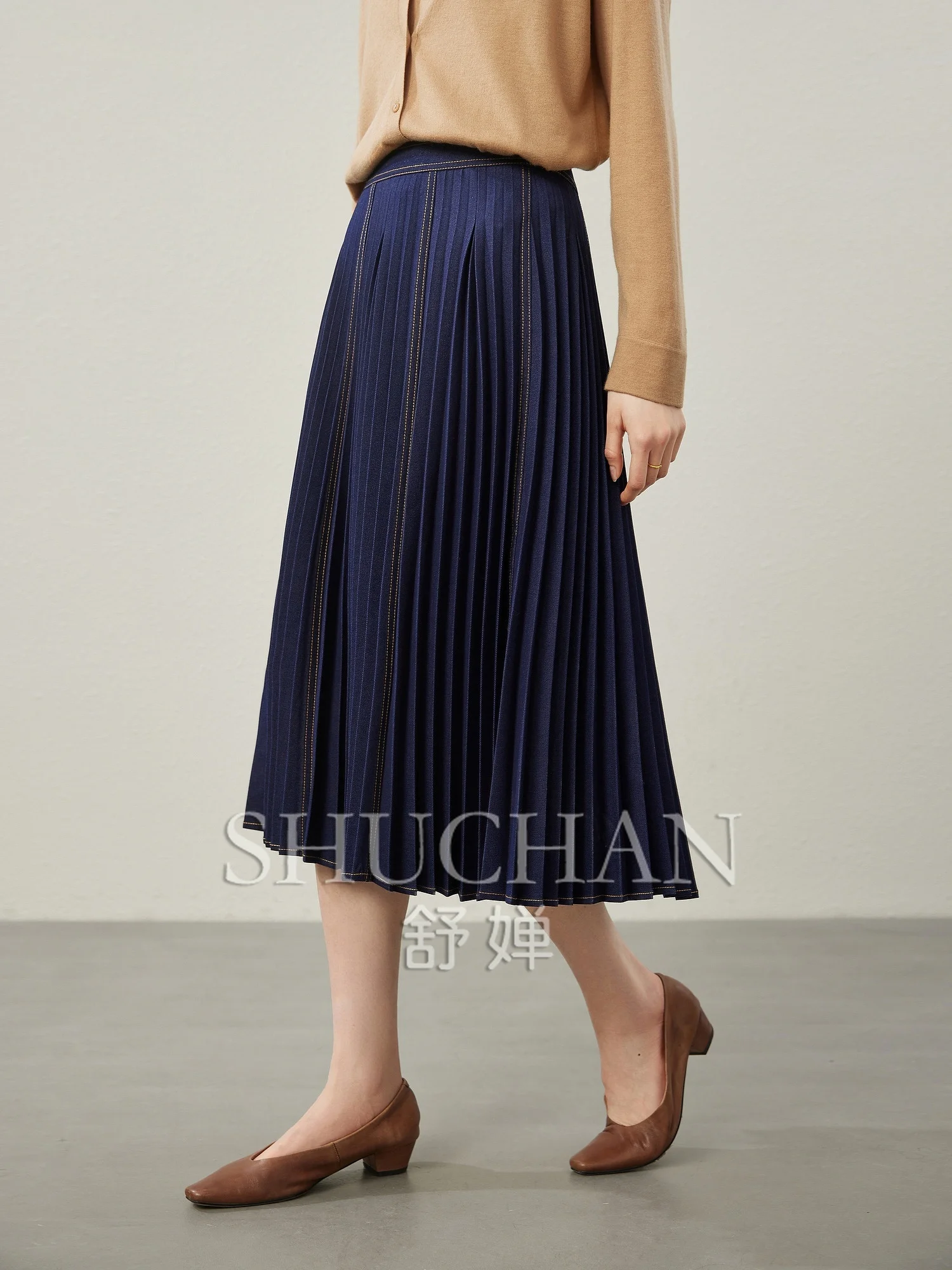 2025 Pleated Elegant New Contrasting Colors,  Denim  Long Skirts for Women  Korean Fashion Clothing  Faldas Mujer Moda