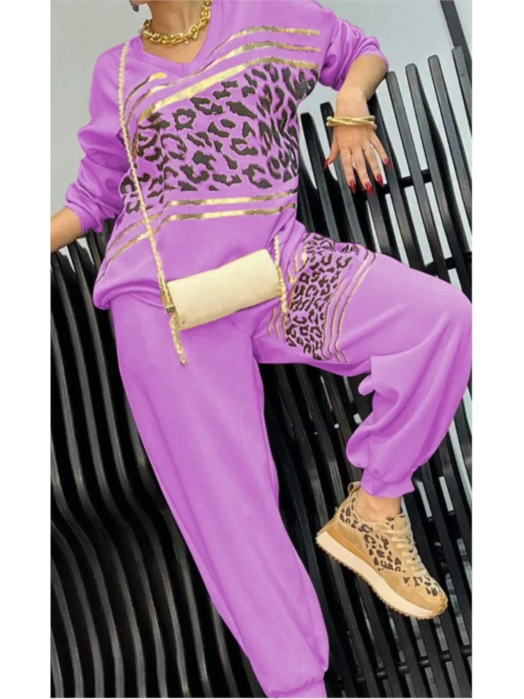 Fashion V-neck Long-sleeved Sweatshirt Top + Pants 2-piece Set For Women Autumn Loose Leopard Printing Pocket Casual Suit Female