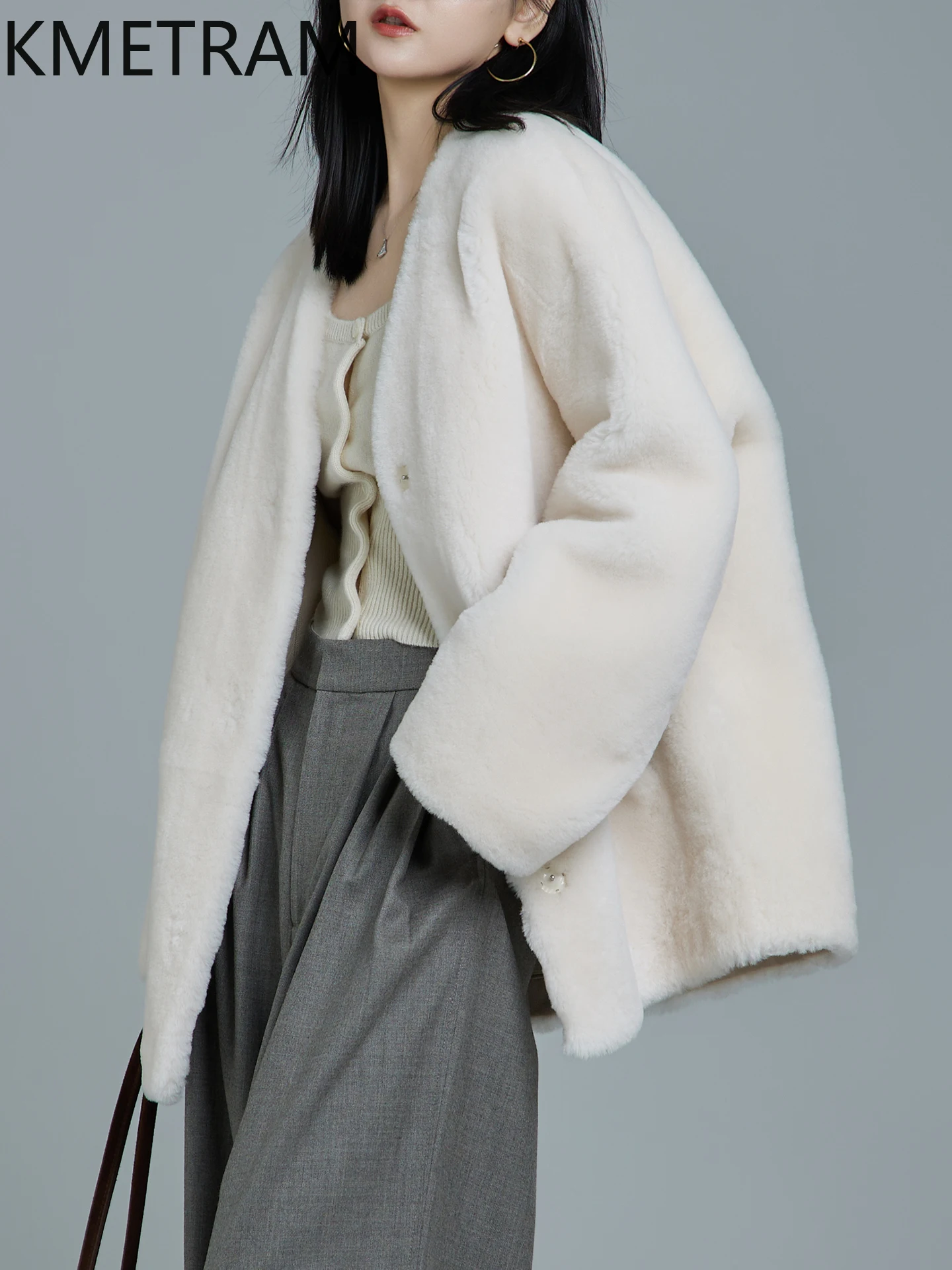 KMETRAM Natural Merino Sheepskin Wool Fur Coat White V-Neck Autumn-Winter Women Clothing 2025 Mid-Length Jacket шуба женская