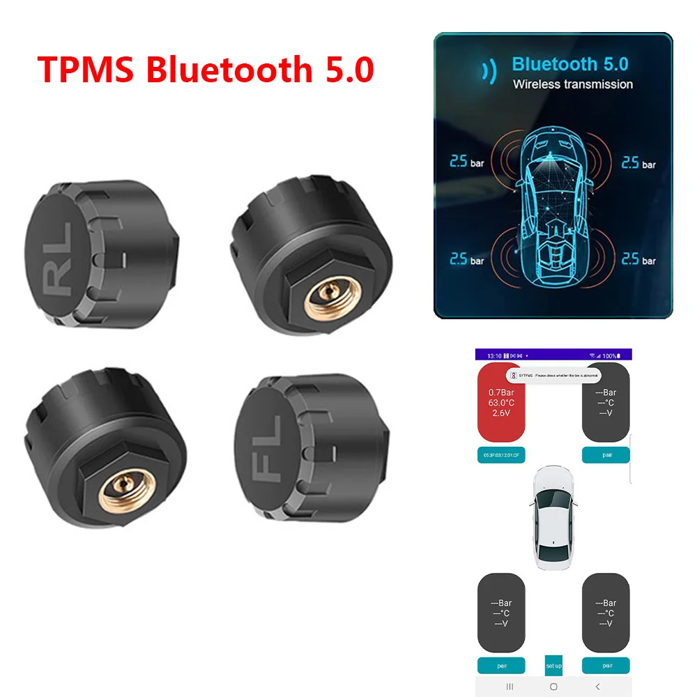 Car TMPS Tire Pressure Sensors Motorcycle TPMS Bluetooth-Compatible Tire Pressure Monitoring System External Sensor Android/IOS