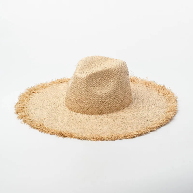 

X314 Hand-woven Double-layered Raffia Jazz Hat Outdoor Sunshade Beach Raffia Hat Adult Raffia Straw Panama Hat Lady Jazz Cap