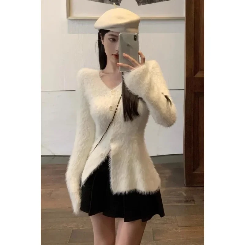 Pure Desire V-neck Soft Supple Faux Squirrel Cardigan Women's Autumn/winter Slimming Knit Inner Waist-fitted Smooths Silhouette