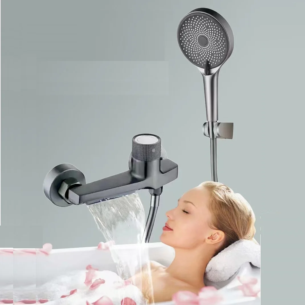 MTTUZK Wall Mounted Brass Chrome Plated Bathtub Faucet With Hand Shower Bathroom Hot Cold Gun Gray Bath Shower Faucet Torneiras