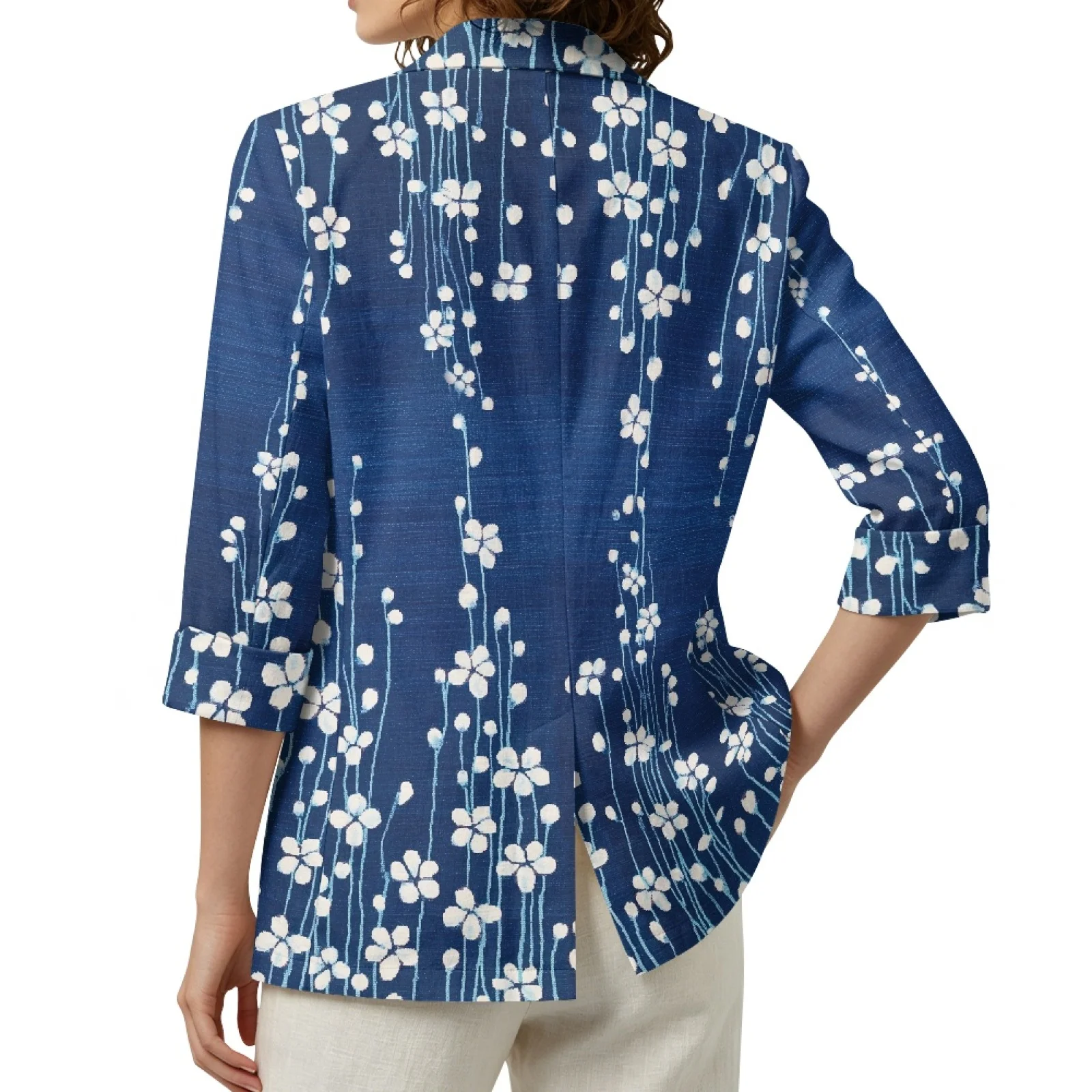 PENSTROLL Blue White Floral Casual Beach Top for Women Linen Like Layering Top Beach Coverups view 2