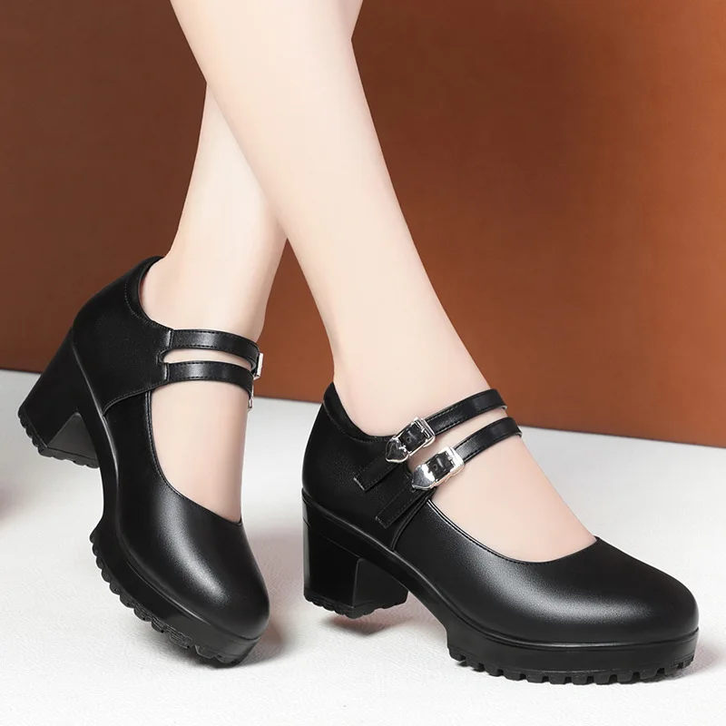 5.5cm moda wygodna podwójna klamra w kształcie serca miękka skóra buty na platformie Mary Janes 2025 wiosenne damskie buty na średnim obcasie blokowym
