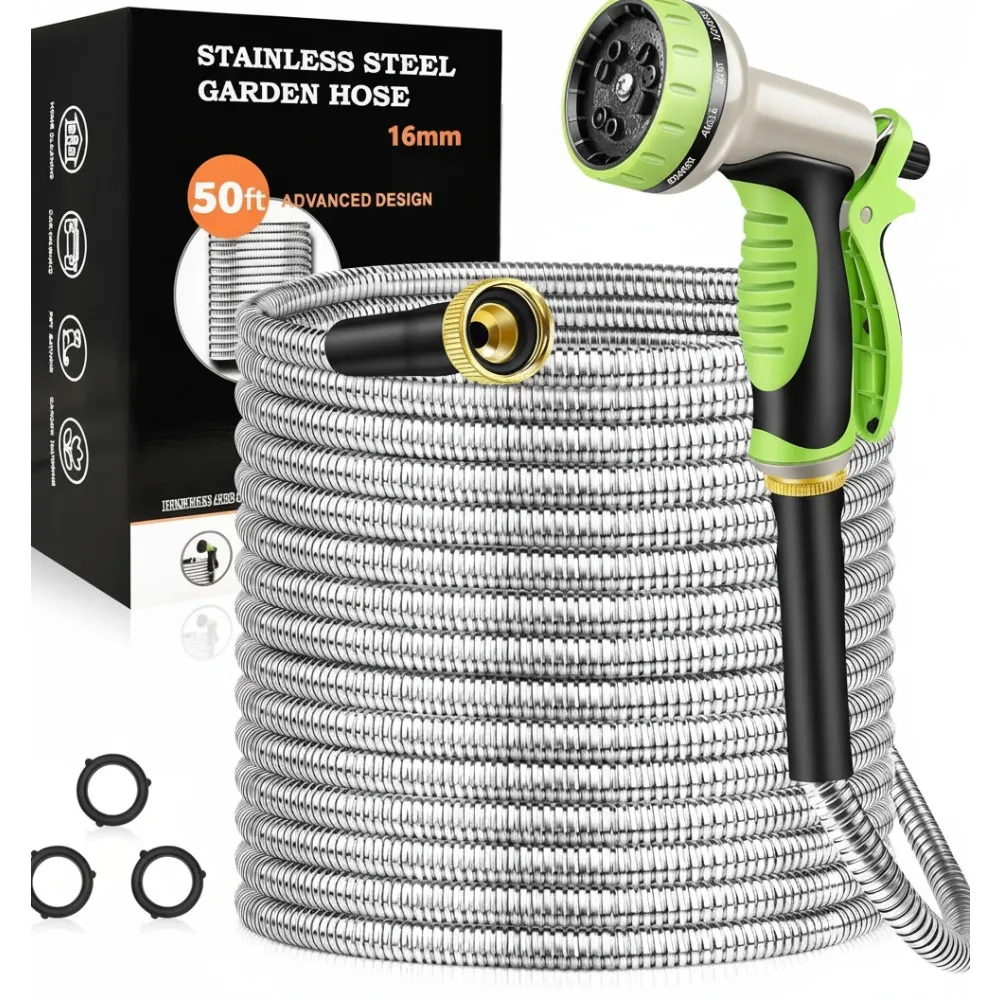 

50FT Stainless Steel Garden Hose with 10-Function Nozzle, Kink-Free & Flexible for Yard, Outdoor, RV Use
