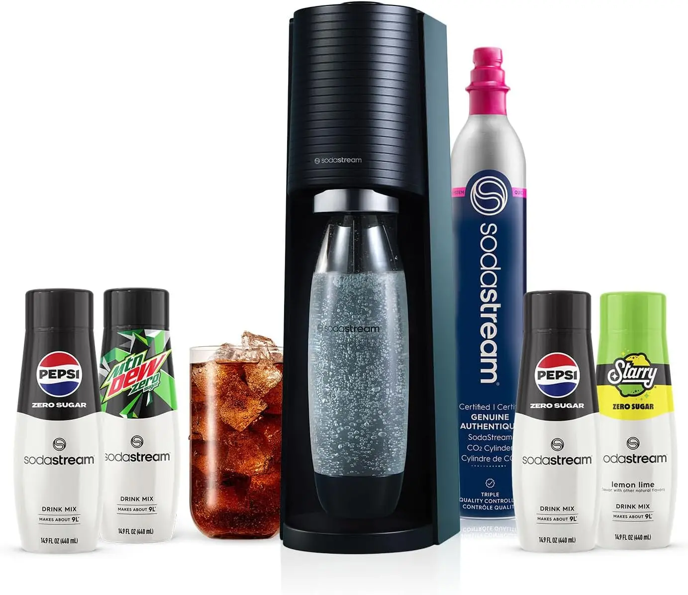 

SodaStream Terra Sparkling Water Maker Bundle in Black - includes CO2, Carbonating Bottle, and Pepsi® Zero Sugar, Starry® Zero S