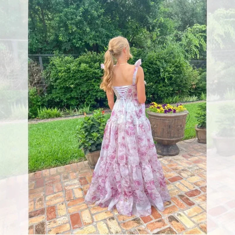 Lunaria personalizar sem alças floral impressão em camadas plissado vestido de baile lado alta divisão vestidos de noiva até o chão vestidos de noite