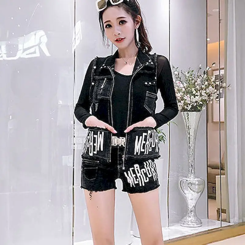 Fashion Denim Sets Women Spring/Summer Trend Hollow Mesh Letter Rivet Vest Coat and Jeans Shorts 2 Piece Set Aesthetic Suits Y2k