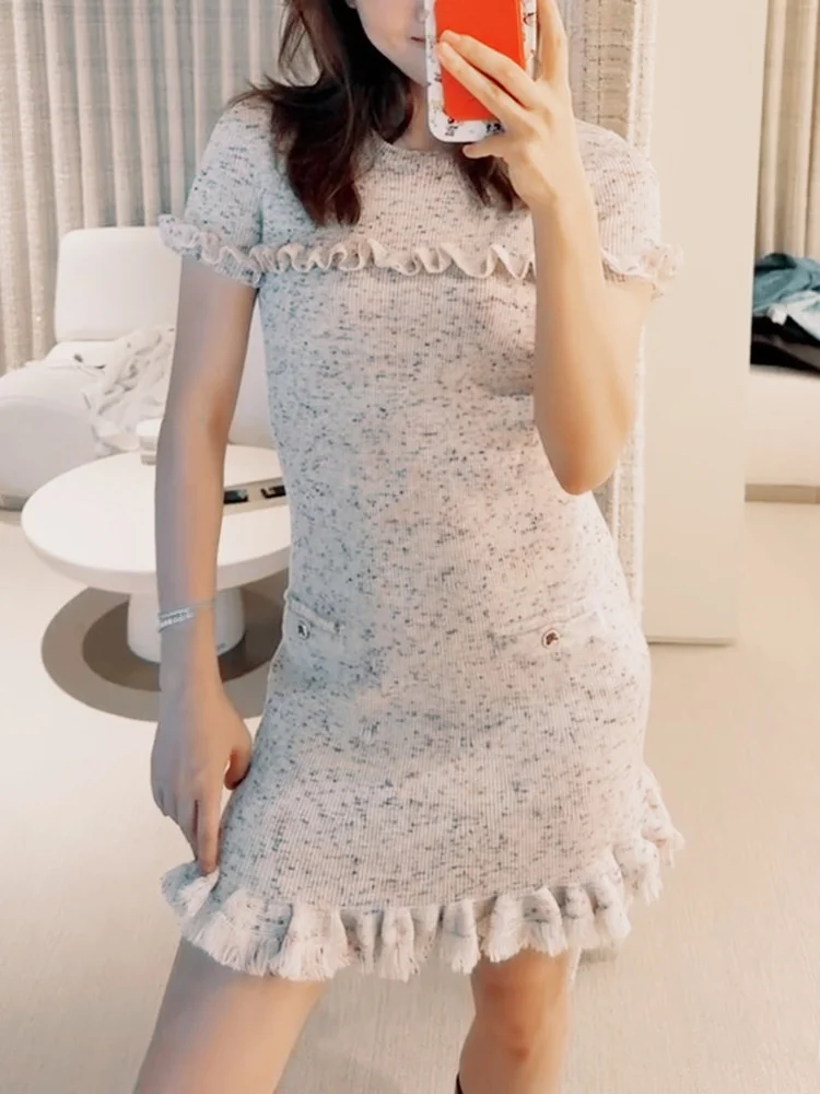 Sukienka europejska, elegancka, z falbanką, okrągły dekolt, dzianinowa, damska, z wysokim stanem, w kształcie litery A, letnia.