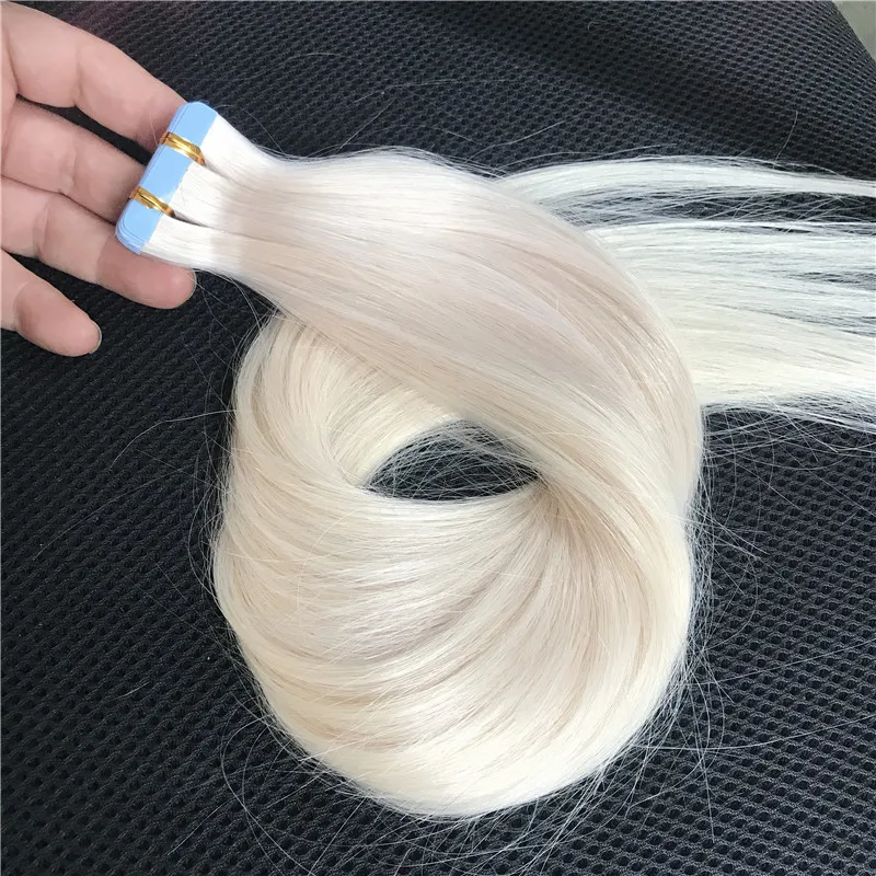 Vsr-extensiones de cabello con cinta Rubia de platino, cabello humano de 24 pulgadas, cabeza completa, 20 piezas, cinta de pegamento azul