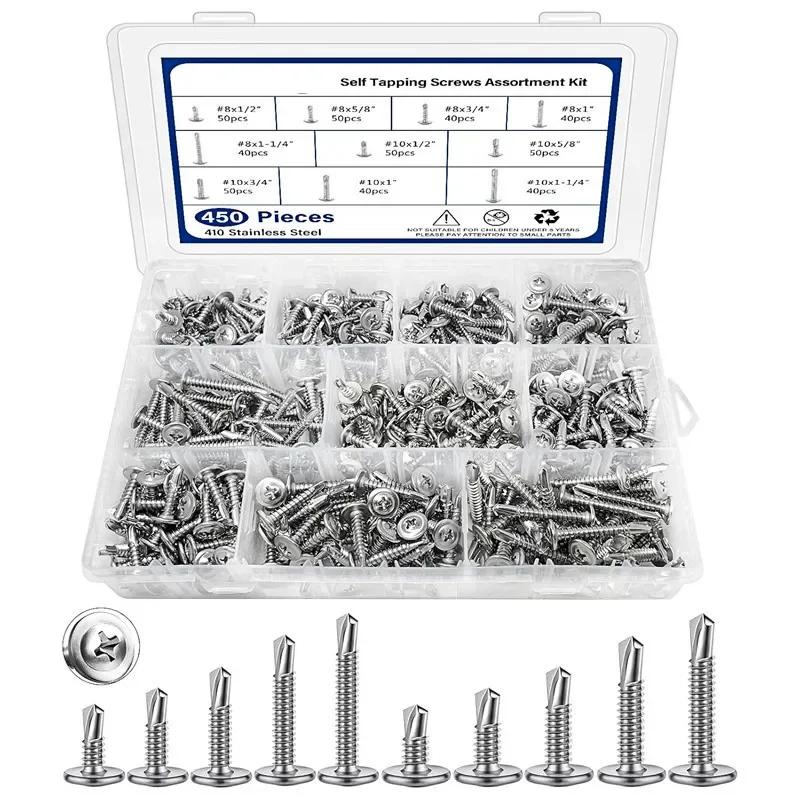 450pcs 410 Stainless Steel #8#10 Modified Truss Head Self-Tapping Screws Assortment Kit Self Drilling Screw for Sheet Metal Wood