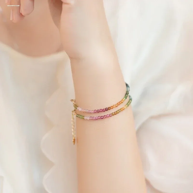 Natural Ultra-fine Rainbow Tourmaline Bracelet Elastic Rope 14K Silver Gold-plated Extended Chain Hand String Girlfriend Gift