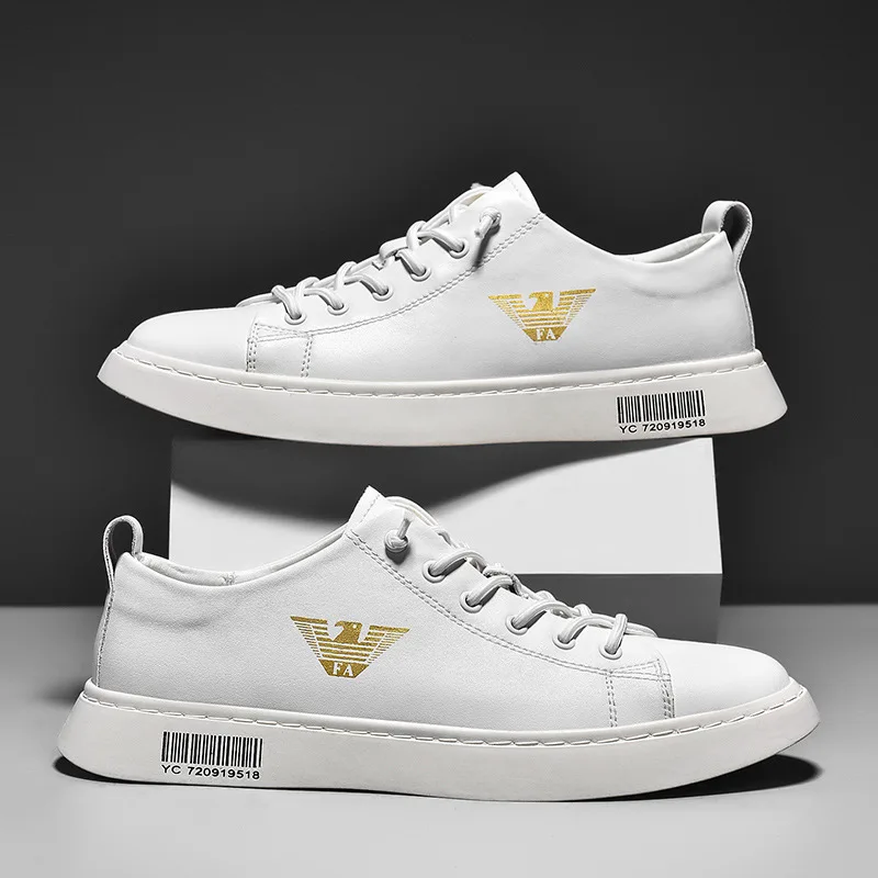 Men Genuine Leather White Sneakers Korean Style Skate Shoes Spring Summer Breathable Casual Shoes Sizes 39-44 Plus Sizes