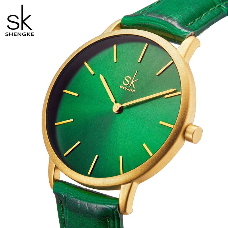 Shengke Fashion Leather Strap Women Watches Green Watch for Women Reloj Mujer Casual Ladies Quartz Wristwatches Relogio Feminino