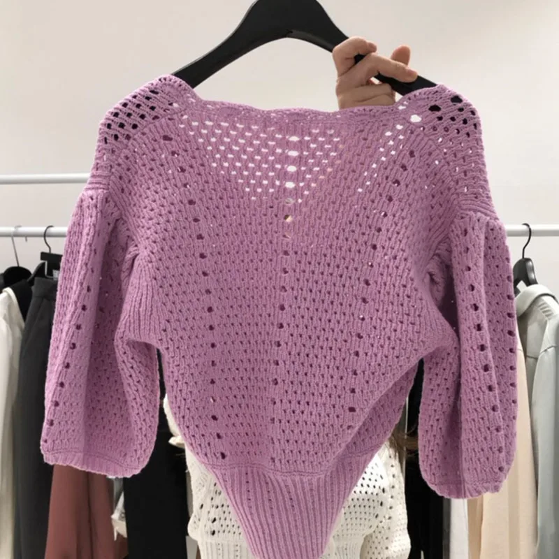 Puff Sleeve Hollow Crochet Flower Cardigan Women's Elegant V-neck Slim Knitted Crop Top 2023 Summer Casual Knit Sweater Sweater