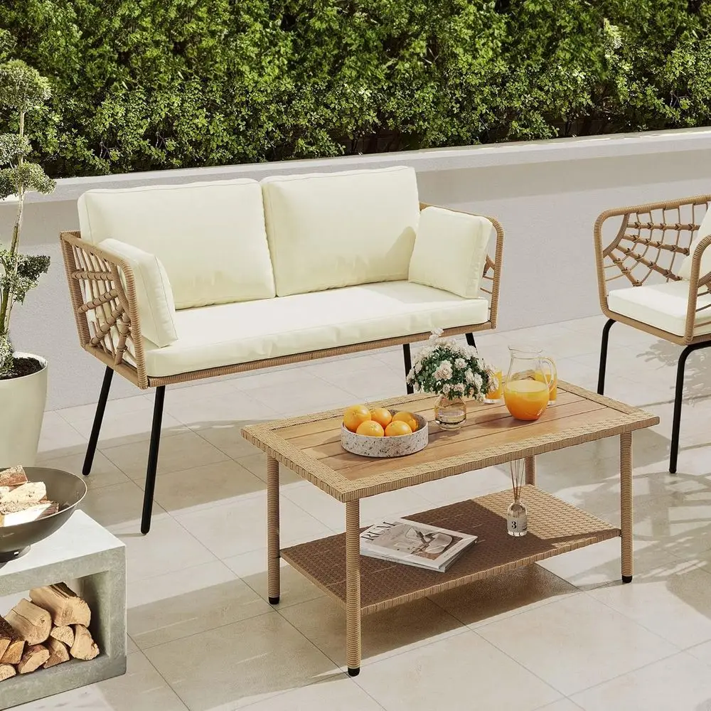 All-Weather Wicker Loveseat Set with Cushions and Rattan Table for Outdoor Spaces