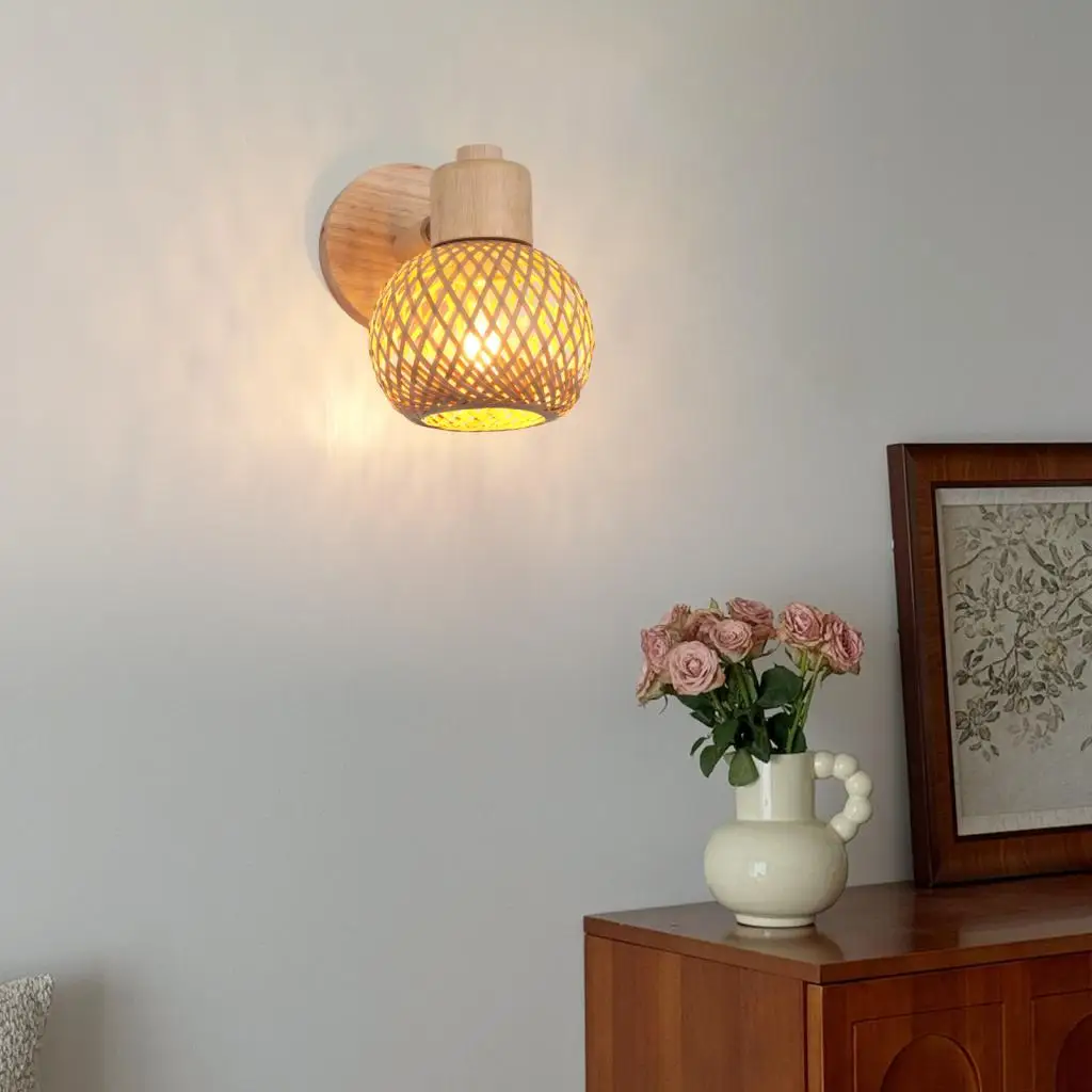 Rattan Bamboo Wall Lamp Sconce Fixture Vintage Boho Rustic Wall Light for Hallway Porch Bedroom Living Room Indoor Lighting E27