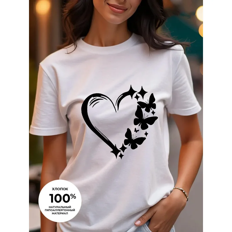 Hand-Drawn Heart Pattern Printed Short-Sleeved Round-Neck Casual Blouse Made Of Pure Cotton, Women'S T-Shirt Blouse