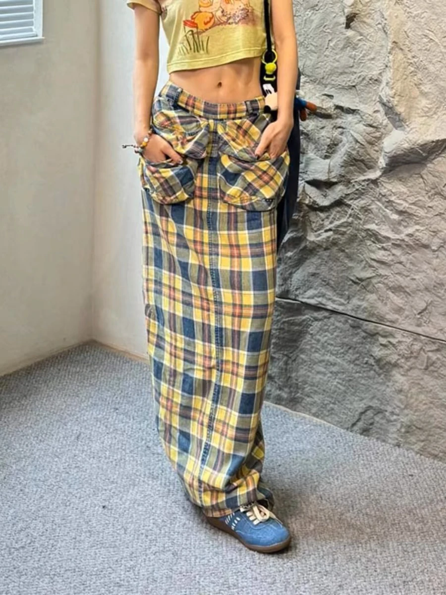 Women's Plaid Cargo Skirt Y2k Elegant Streetwear A-Line Long Skirt Harajuku Korean Vintage 90s High Waist Skirts Clothes