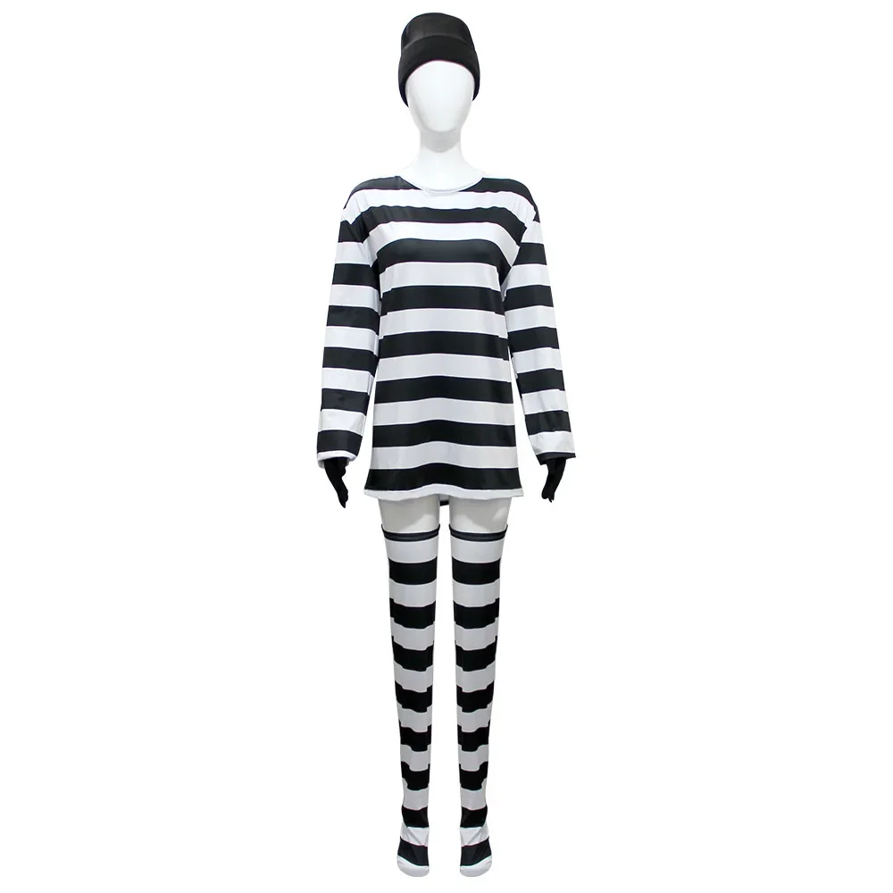 Women Thief Convict Cosplay Costume Adult Women Stripe Top Stocking Hat Suit Halloween Prisoner Carnival Party Outfit