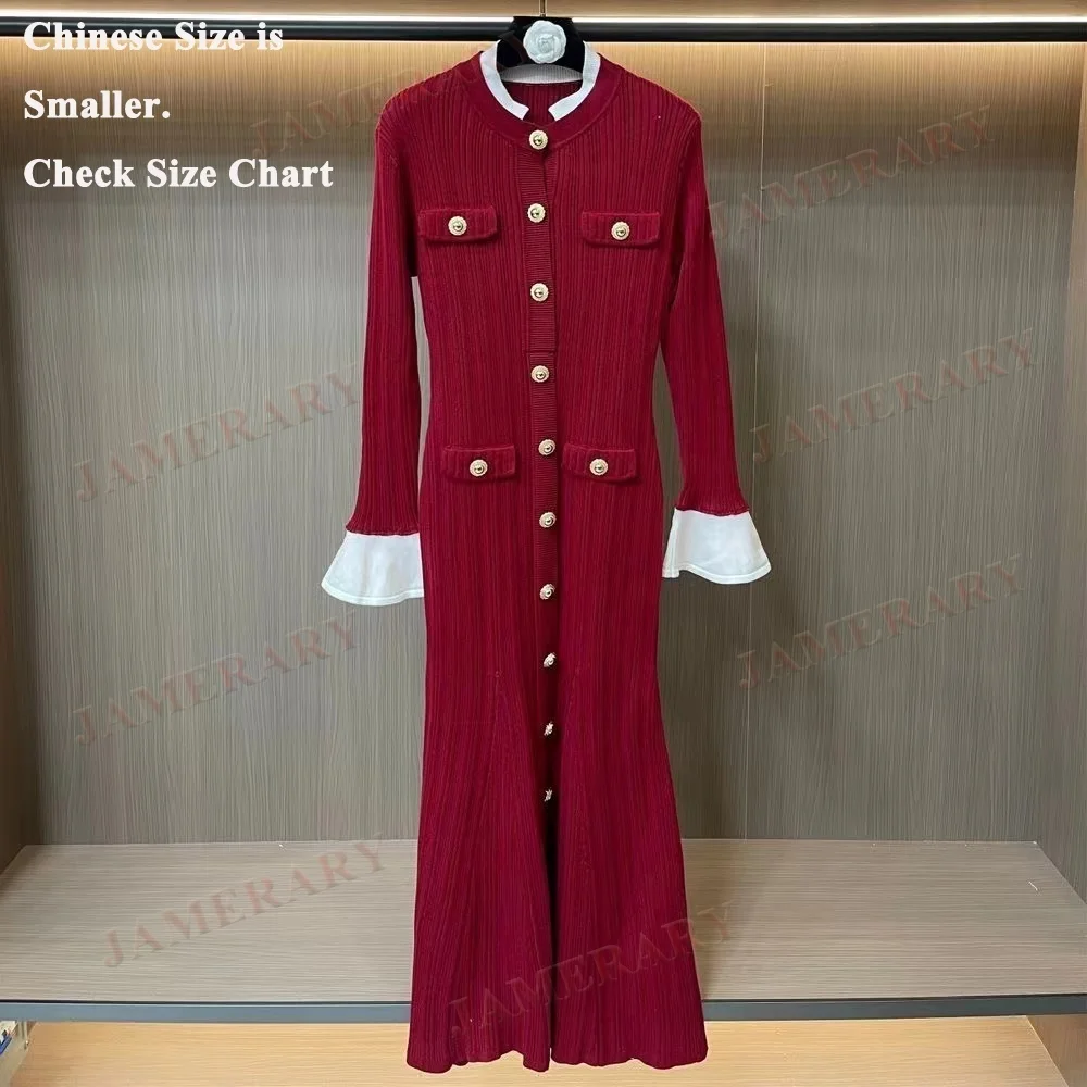 Vestidos largos tejidos de manga larga para primavera y otoño, vestido tubo de punto con cinturón y botones dorados de un solo pecho para mujer