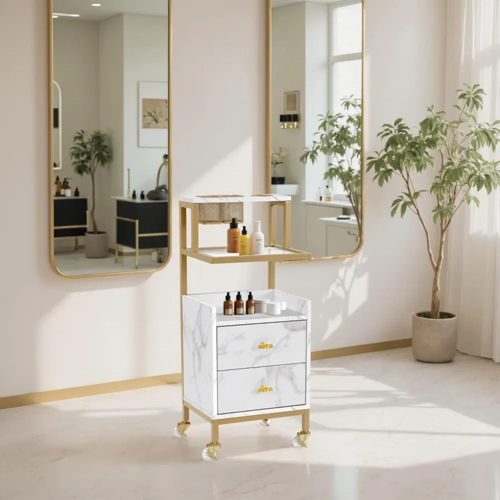 عربة صالون الحلاقة المحمولة مع أدراج تخزين وحامل أدوات معدني وسلة لمعدات صالون التجميل #2