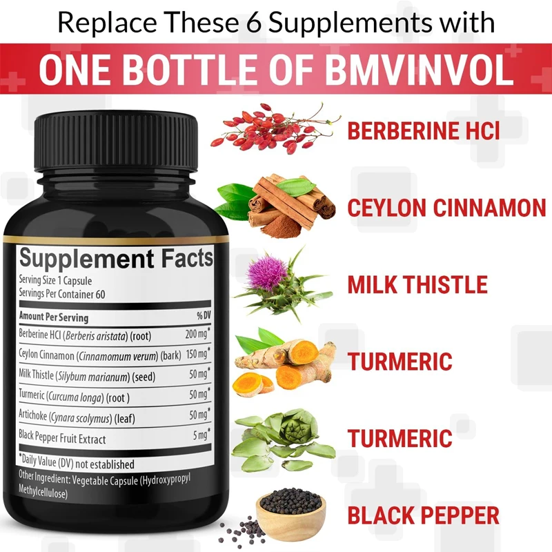 Berberine supplement contains Ceylon cinnamon, turmeric, Korean thistle, milk thistle -60 capsules