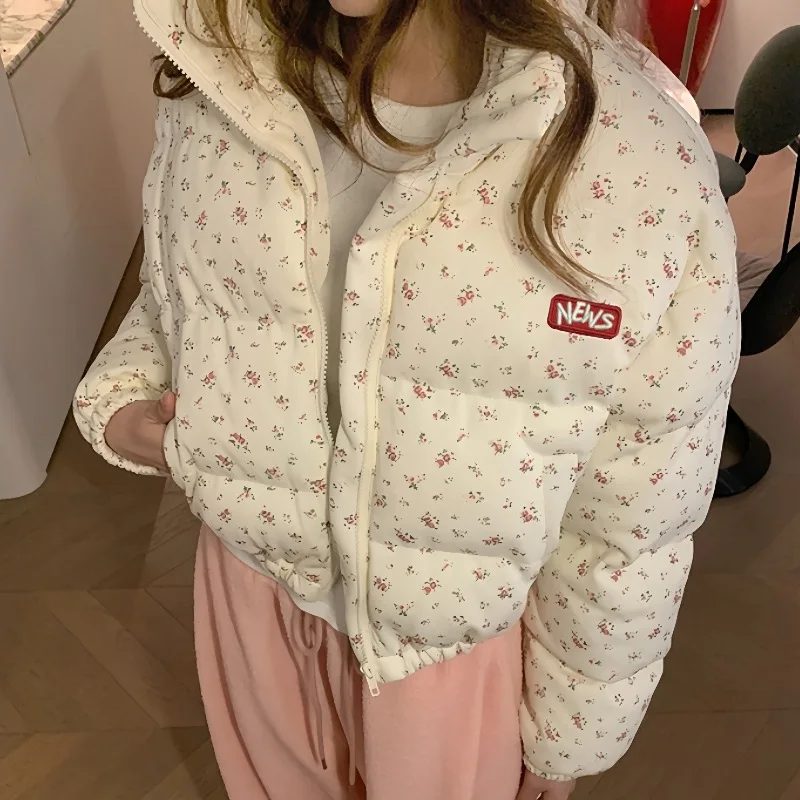 Jaqueta acolchoada de algodão de pão floral doce da menina engrossar estilo coreano outono inverno feminino estudante quente solto casaco puffer jaqueta