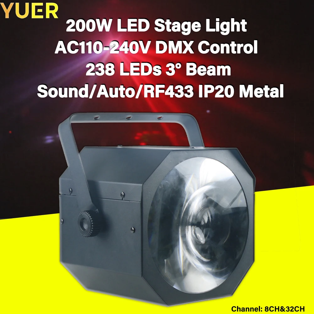 

200W LED Stage Light AC110-240V DMX Control 238 LEDs 3° Beam 8/32CH Sound/Auto/RF433 IP20 Metal- Ideal for Stage Performances