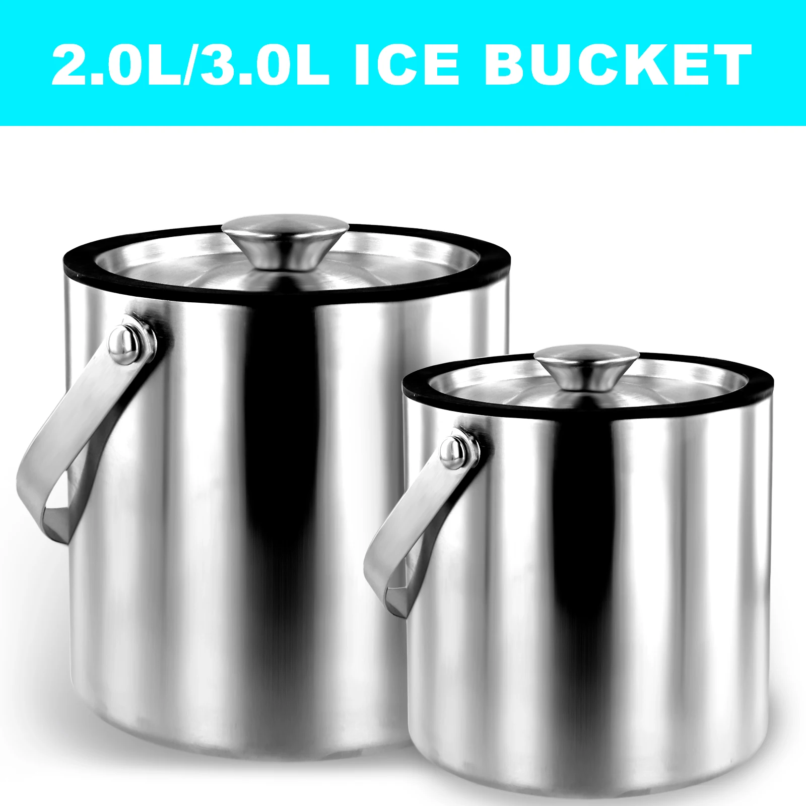 Ice Bucket with Lid Strainer Tong Double Walled Stainless Steel Insulated Ice Bucket 2.0L/3.0L Ice Bucket Container Good Sealing