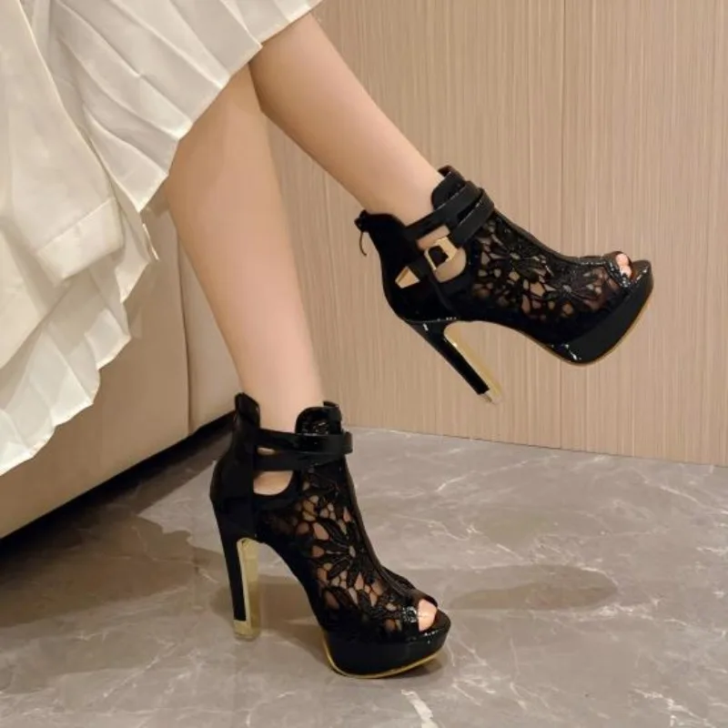 Sandalias Góticas Encaje Mujer Tacón Alto Negro