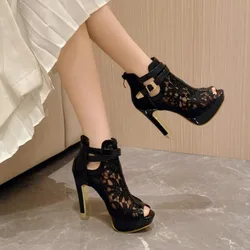 Comemore 2023 Women Lace Sexy Sandals Heels Ankle Straps Buckle Pumps Ladies Sandal Party Goth High-heeled Shoes Black 42 43