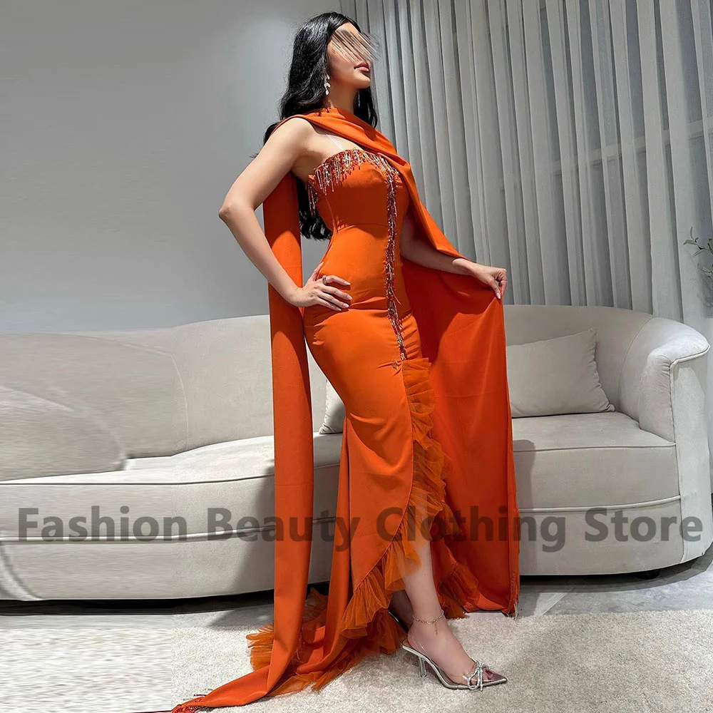 Rose Novias Prom Dress Mermaid High Split Shawl Ruffle With Tassel Crystal Saudi Arabian Women's Formal Occasion فساتين السهرة