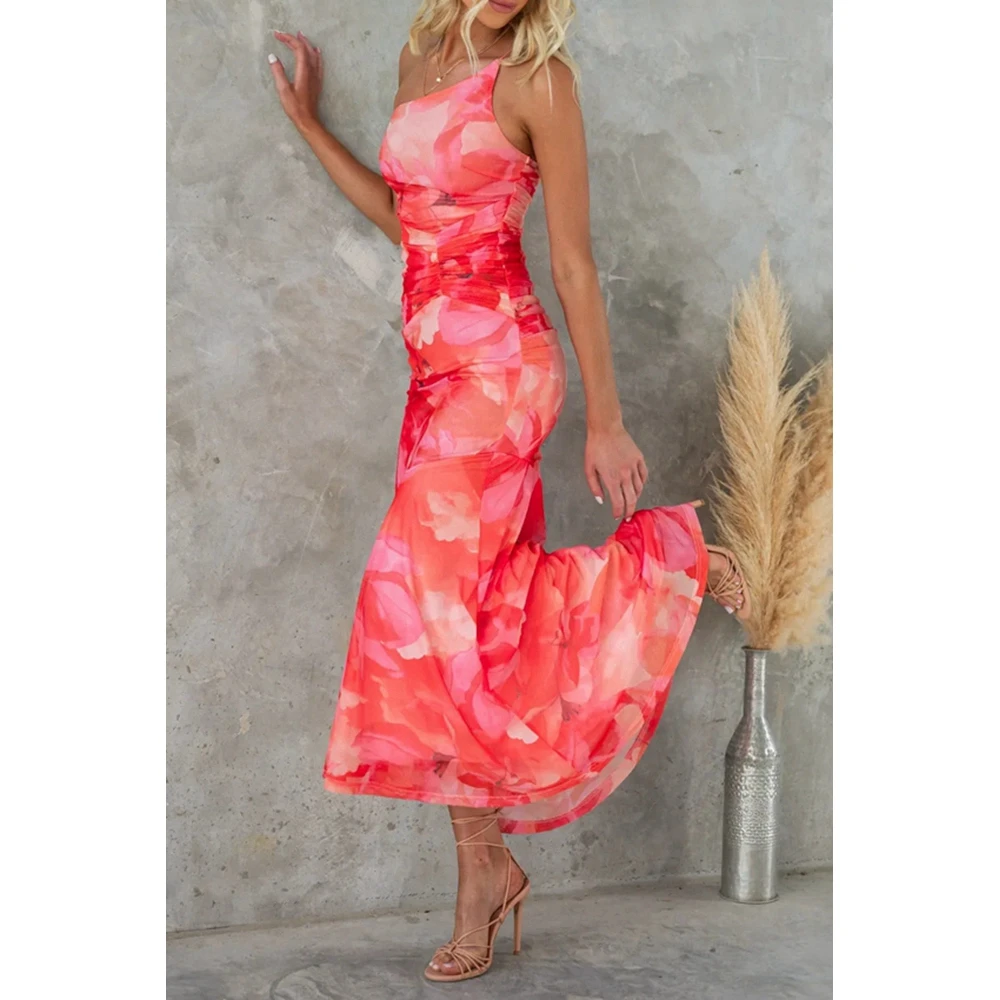 

Women's Fashion Flower Print Skew Collar Sleeveless Maxi Dress Casual Boho Style Dresses Irregular Hem Elegant Dress Beach Dress